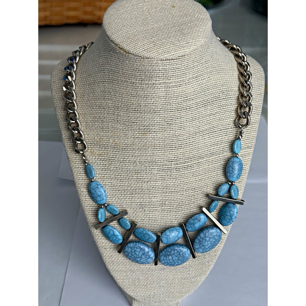 Statement Blue Oval Stone Necklace Silver Tone Curb Link Chain Charming Charlie